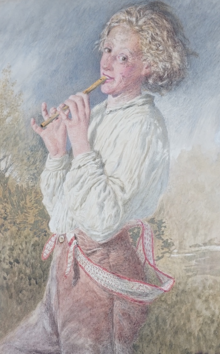 Frederick Smallfield ARWS (1829-1915), watercolour, Study of a peasant boy playing a flute, signed and dated 1860, 34 x 24cm. Condition - fair